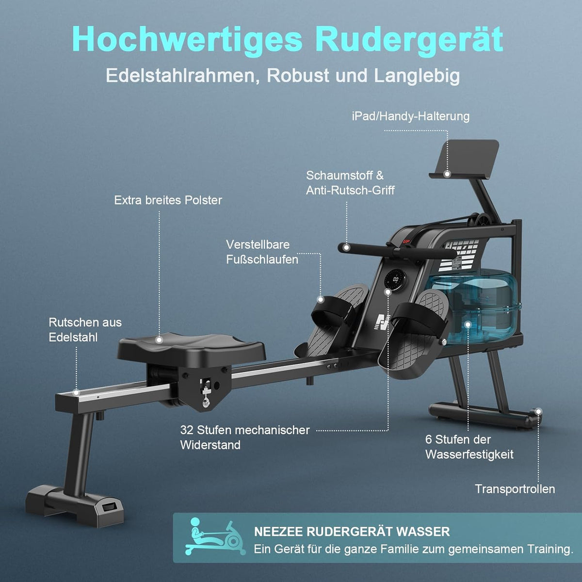 NEEZEE Wasserrudergerät: Bluetooth-Monitor, Tablet-Halterung, 150 kg Kapazitätl