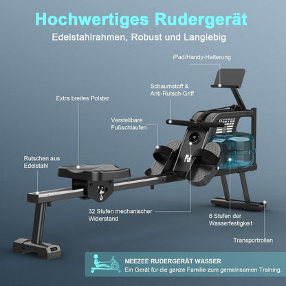 NEEZEE Wasserrudergerät: Bluetooth-Monitor, Tablet-Halterung, 150 kg Kapazitätl