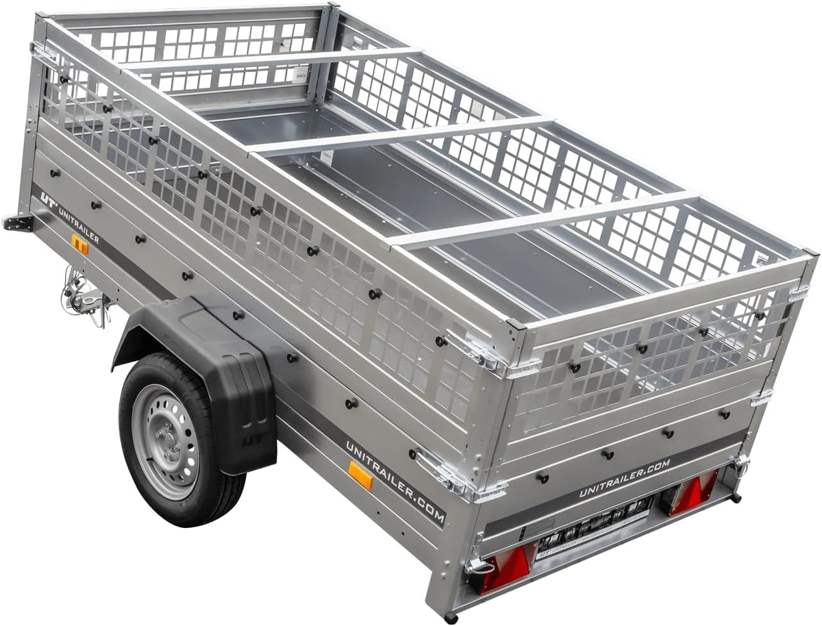 UNITRAILER Large Trailer 230 x 125 cm with Flat Tarpaulin, Mesh and Jockey Wheel - Garden Trailer 230 Kippl