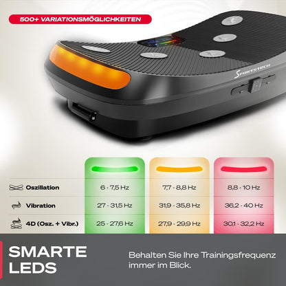 Sportstech VP400: 4D Vibrationsplatte mit Smart‑LED und Trainingsbändernl