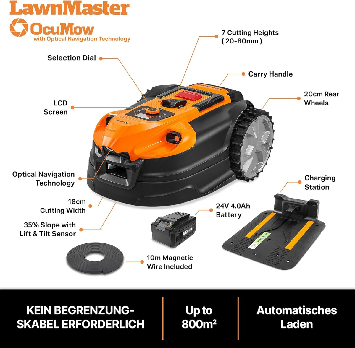 LawnMaster VBRM18AMID4R Mähroboter 800 m², ohne Kabel, WiFi & Appf