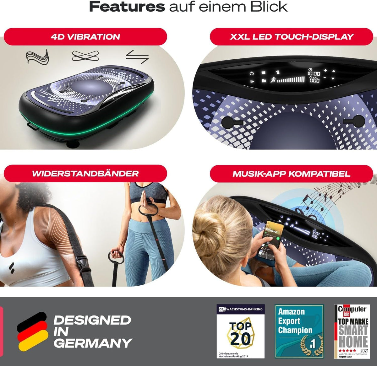 Sportstech 4D Vibrationsplatte: Smart LED, Bluetooth, Fitness & Yogal