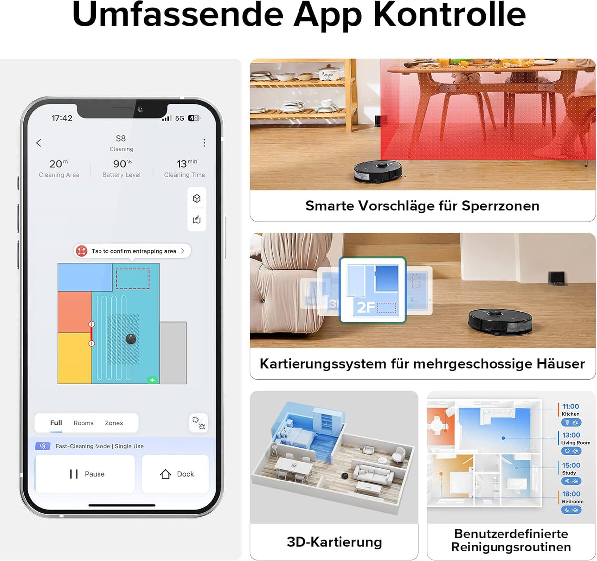 Roborock S8, 6000Pa, Doppelbürste, 3D Hindernisvermeidung, Alexa-kompatibel, Tierhaaref
