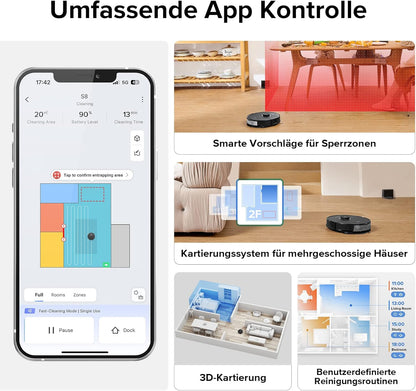 Roborock S8, 6000Pa, Doppelbürste, 3D Hindernisvermeidung, Alexa-kompatibel, Tierhaaref