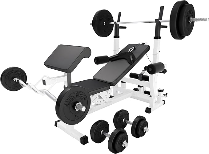 Gorilla Sports Hantelbank mit Gewichten, 170 cm Stange und Hantelsetl