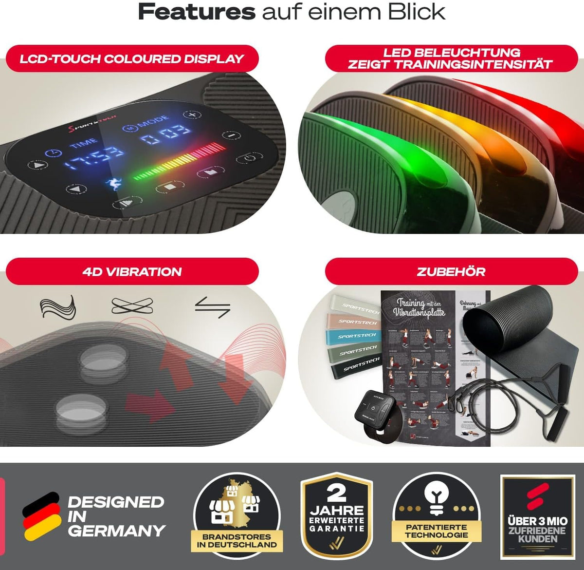 Sportstech VP400: 4D Vibrationsplatte mit Smart‑LED und Trainingsbändernl