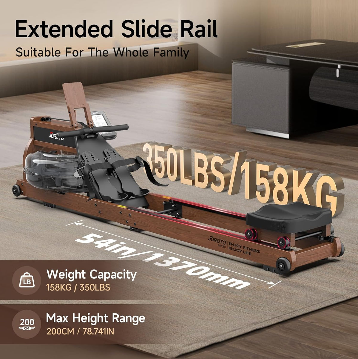 JOROTO MR380/MR390: Klappbares Eichenholz‑Rudergerät mit 28 L Tank und Bluetooth‑Monitorl