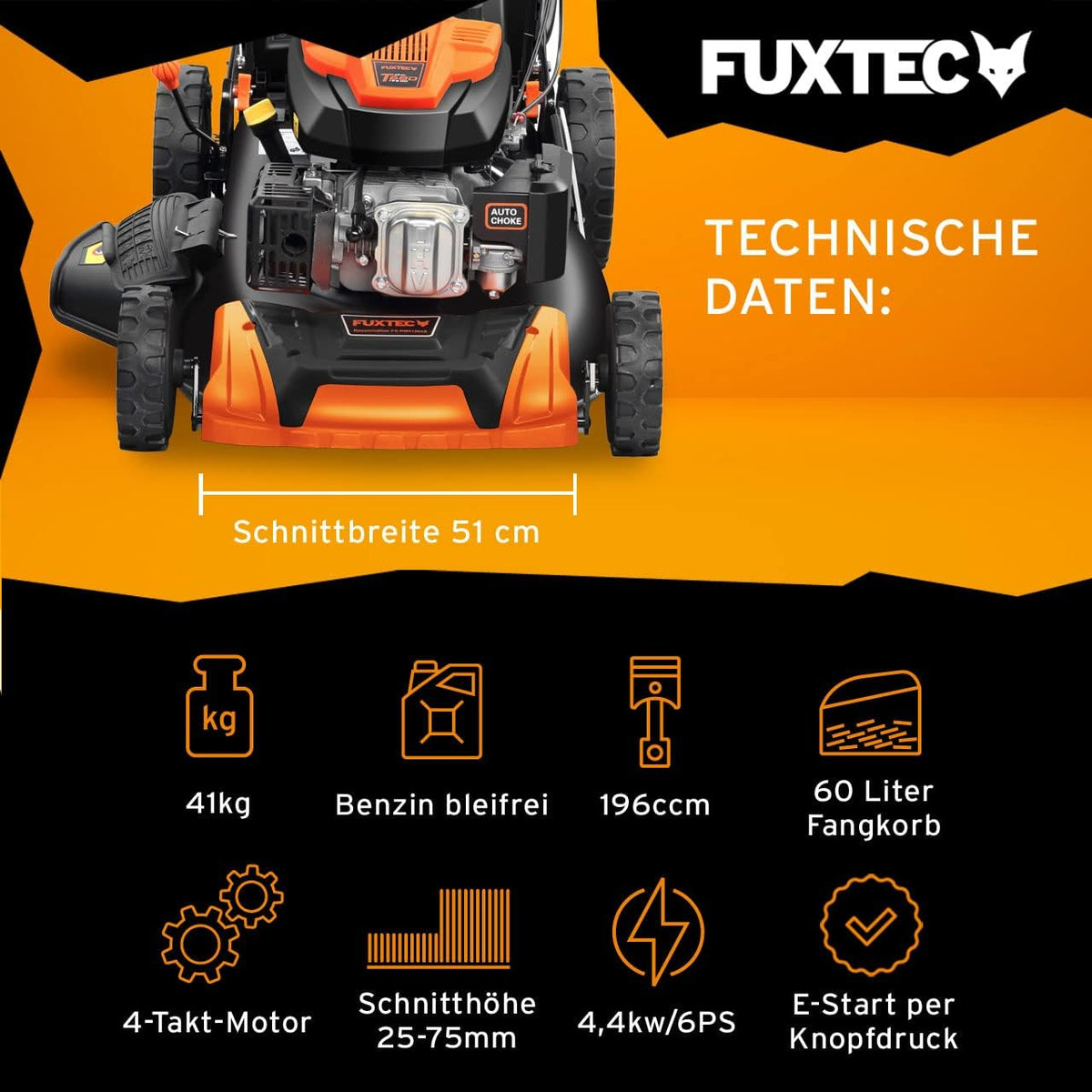 FUXTEC FX-RM5196eSPRO 4in1 Benzinmäher, E-Start & Antrieb, 51 cm Schnittf