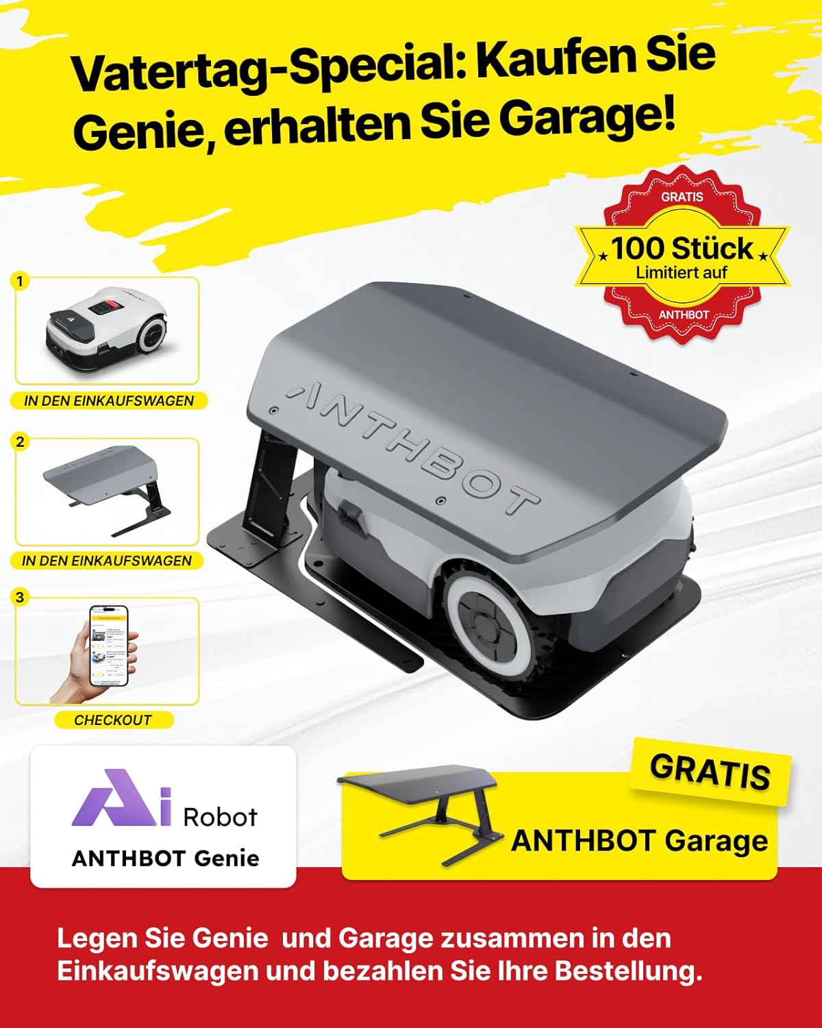 ANTHBOT Genie Mähroboter ohne Begrenzungskabel 3600 m², Full Band RTK + 4-Augen-Vision Roboter-Rasenmäher, 30+ Mehrzonen-Management, KI-Intelligente Hindernisvermeidung & Rasenpflege - Genie 3000f