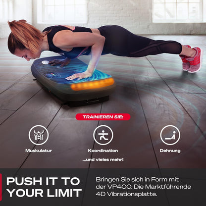 Sportstech VP400: 4D Vibrationsplatte mit Smart‑LED und Trainingsbändernl