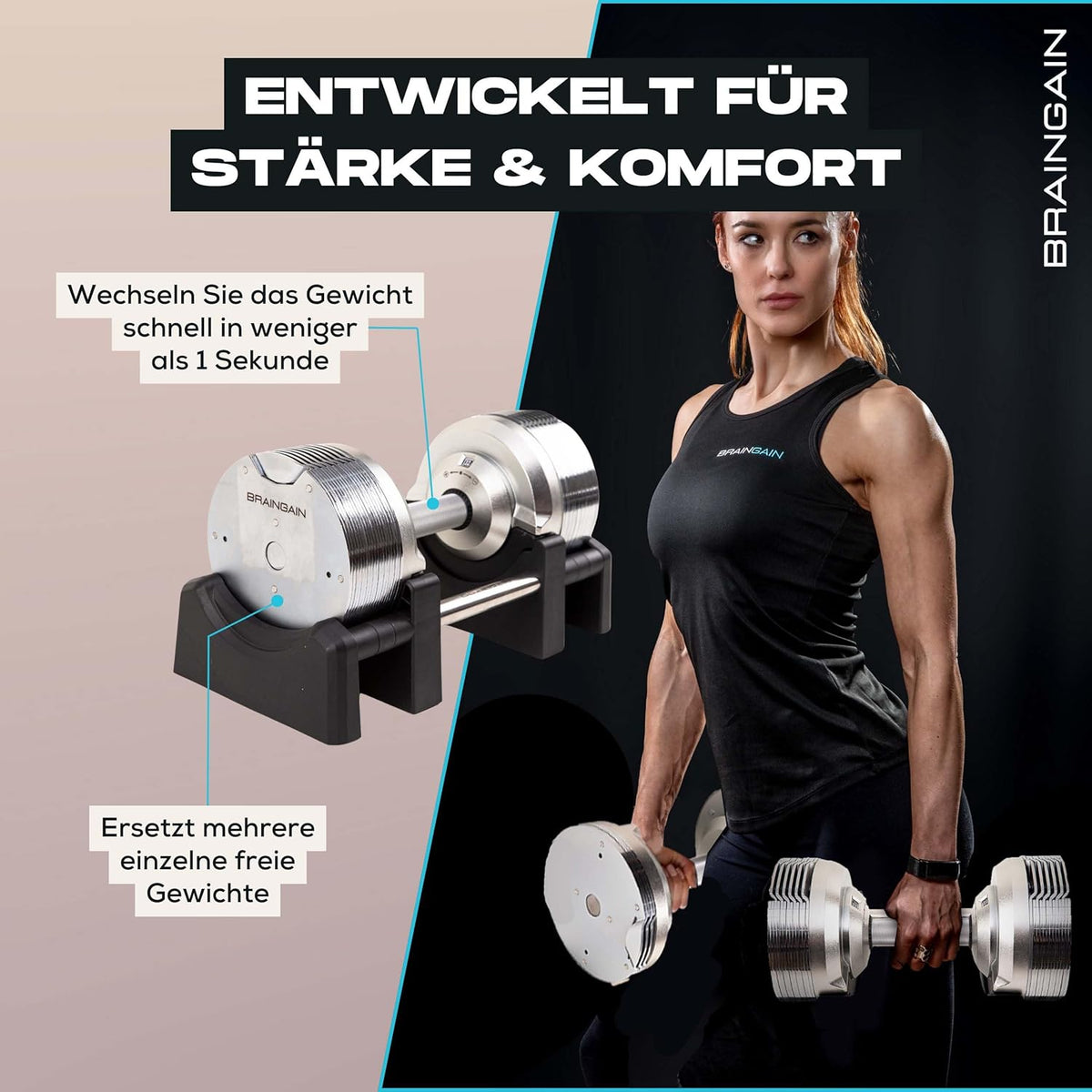 BRAINGAIN Verstellbare Hanteln: Chrom/Schwarz fürs Heimtrainingl
