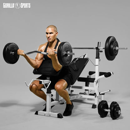 Gorilla Sports Hantelbank mit Gewichten, 170 cm Stange und Hantelsetl