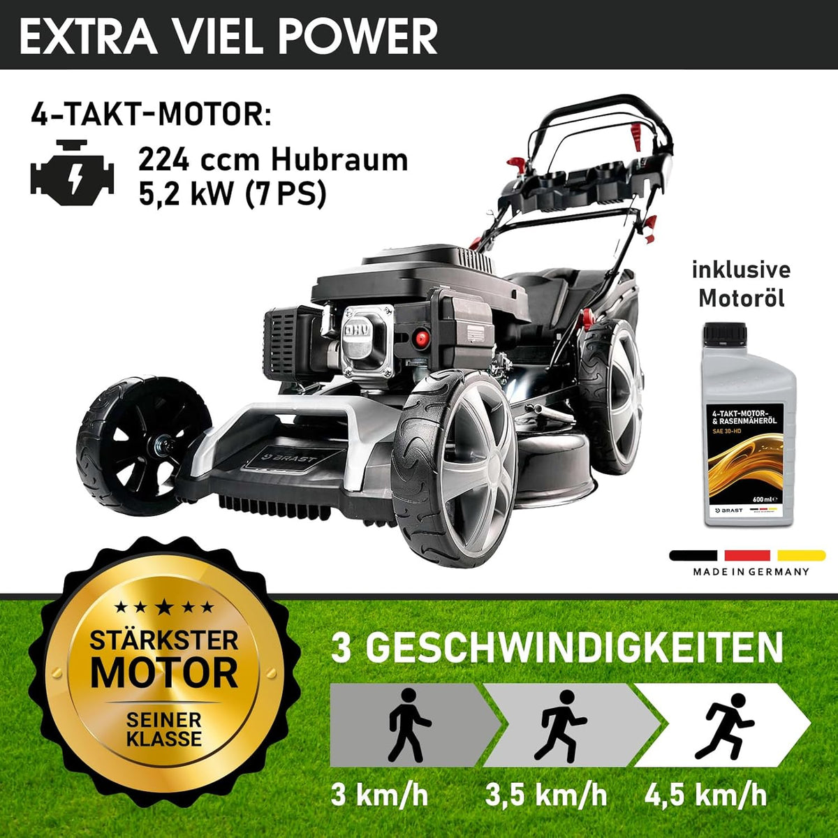 BRAST® Benzin Rasenmäher mit Antrieb | 5,2kW (7PS) | 55cm Schnittbreite | viele Modelle | TÜV | 30-80mm Schnitthöhe | 60L Fangkorb | 4 Takt OHV Motor | Stahlgehäuse | Speedf