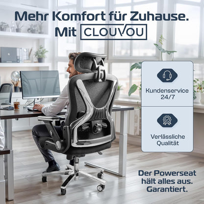 CLOUVOU PowerSeat Testsieger Ergonomischer Bürostuhl – Voll Anpassbar, Gaming, 200 kgd