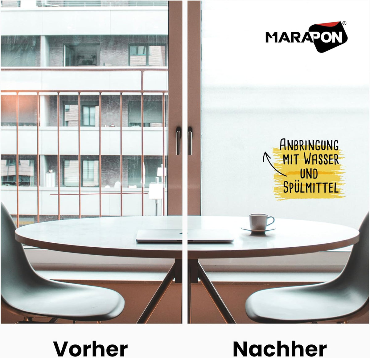 MARAPON® Matt Blickdichte Fensterfolie – Selbsthaftend für Privatsphäre, UV-Schutz, Milchglas-Effektd
