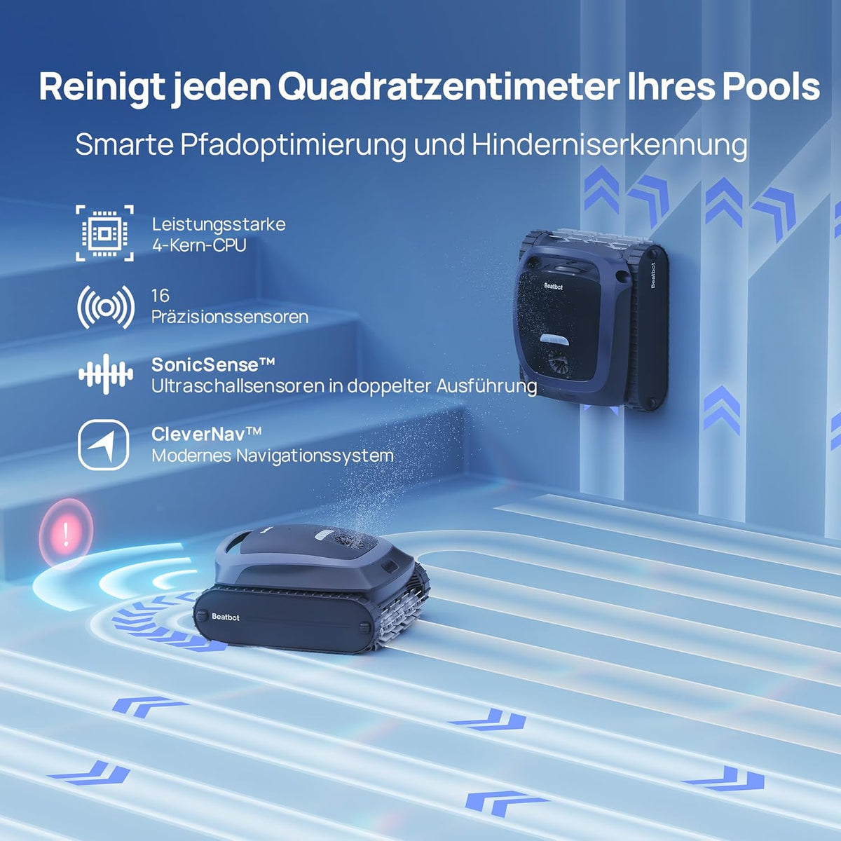 Beatbot AquaSense 2 Akku Poolroboter, Boden & Wand, Wasserlinie doppelt, bis 300㎡, Midnight Bluef