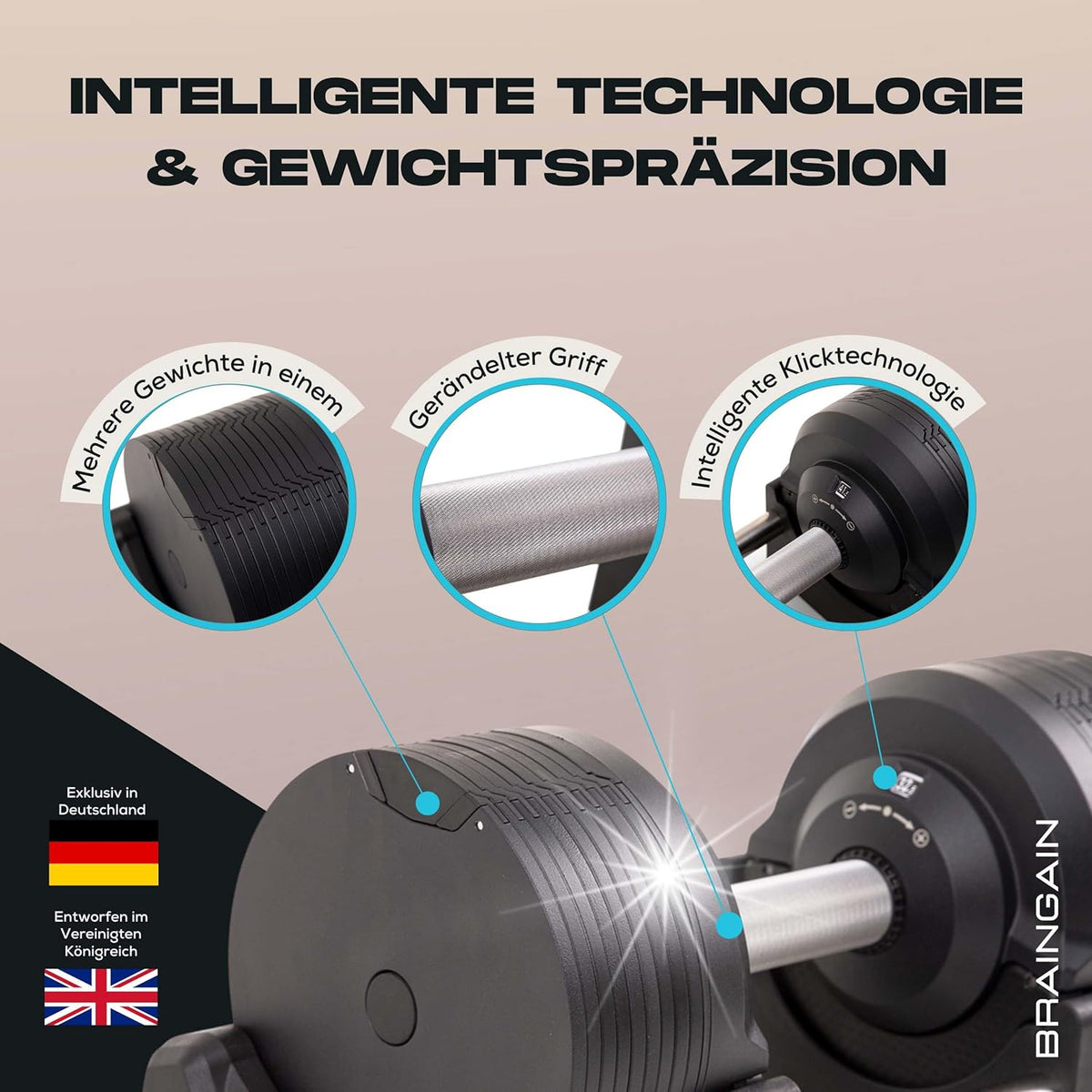 BRAINGAIN Verstellbare Hanteln: Chrom/Schwarz, Krafttraining für Zuhausel