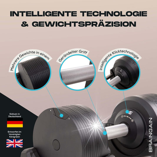 BRAINGAIN Verstellbare Hanteln: Chrom/Schwarz, Krafttraining für Zuhausel