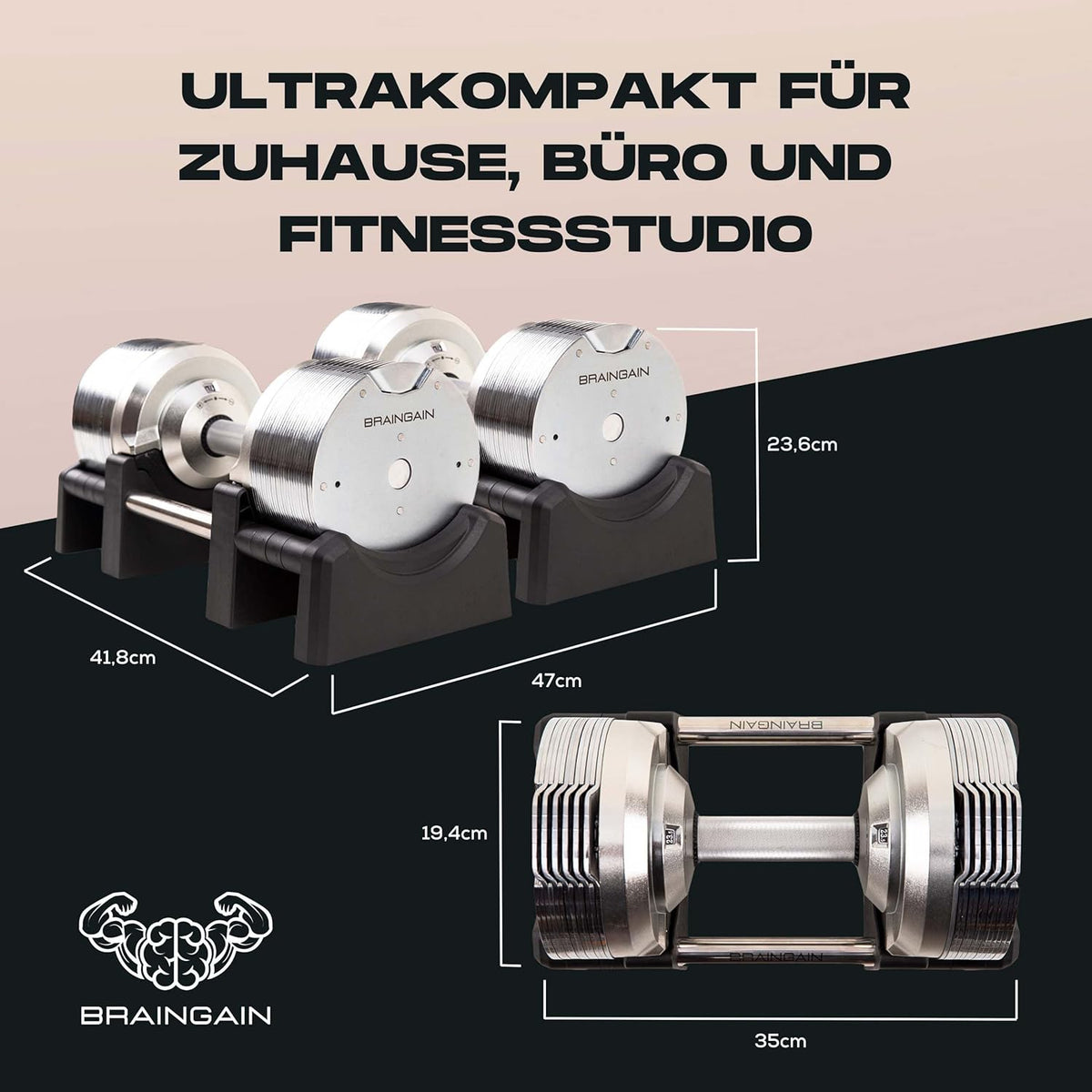 BRAINGAIN Verstellbare Hanteln: Chrom/Schwarz fürs Heimtrainingl