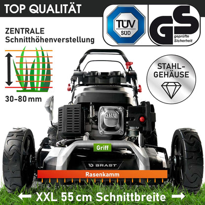 BRAST® Benzin Rasenmäher mit Antrieb | 5,2kW (7PS) | 55cm Schnittbreite | viele Modelle | TÜV | 30-80mm Schnitthöhe | 60L Fangkorb | 4 Takt OHV Motor | Stahlgehäuse | Speedf