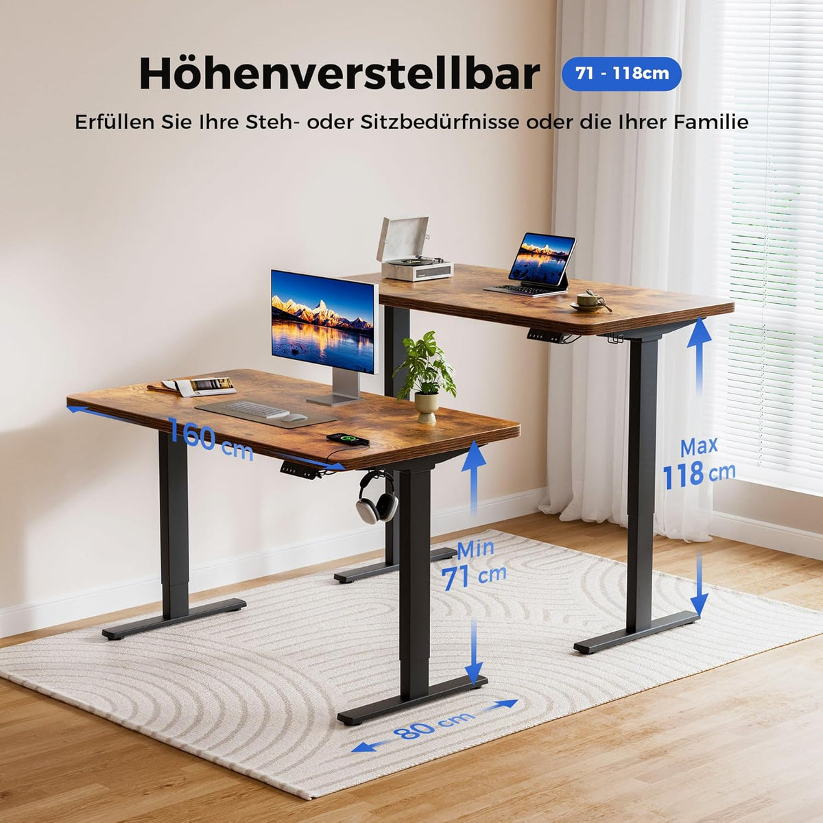 Agliestic Ergonomischer Höhenverstellbarer Steh-Sitz-Schreibtisch 160x80cm Doppelmotor Memory-Steuerung Homeofficed