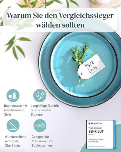 Ibiza 48-teiliges Steingut Geschirrset für 12 Personen, Aquamarin & Mattschwarz, Spülmaschinenfestd