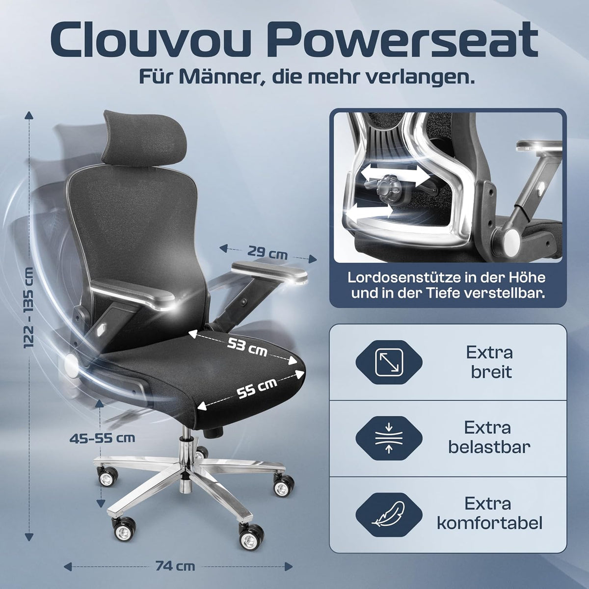 CLOUVOU PowerSeat Testsieger Ergonomischer Bürostuhl – Voll Anpassbar, Gaming, 200 kgd