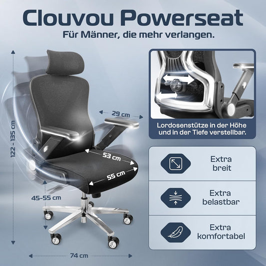 CLOUVOU PowerSeat Testsieger Ergonomischer Bürostuhl – Voll Anpassbar, Gaming, 200 kgd