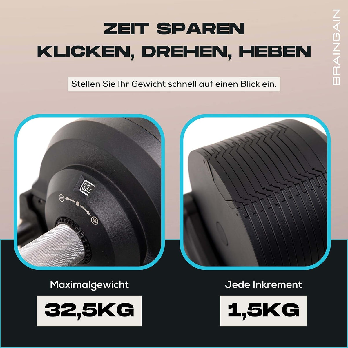 BRAINGAIN Verstellbare Hanteln: Chrom/Schwarz, Krafttraining für Zuhausel