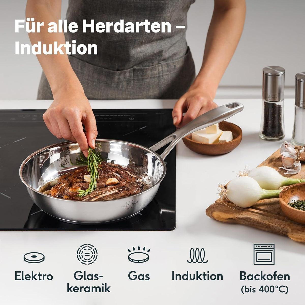 SILBERTHAL Profi Edelstahlpfannen Set 6-teilig 28cm – Induktion, Antihaft & Purd