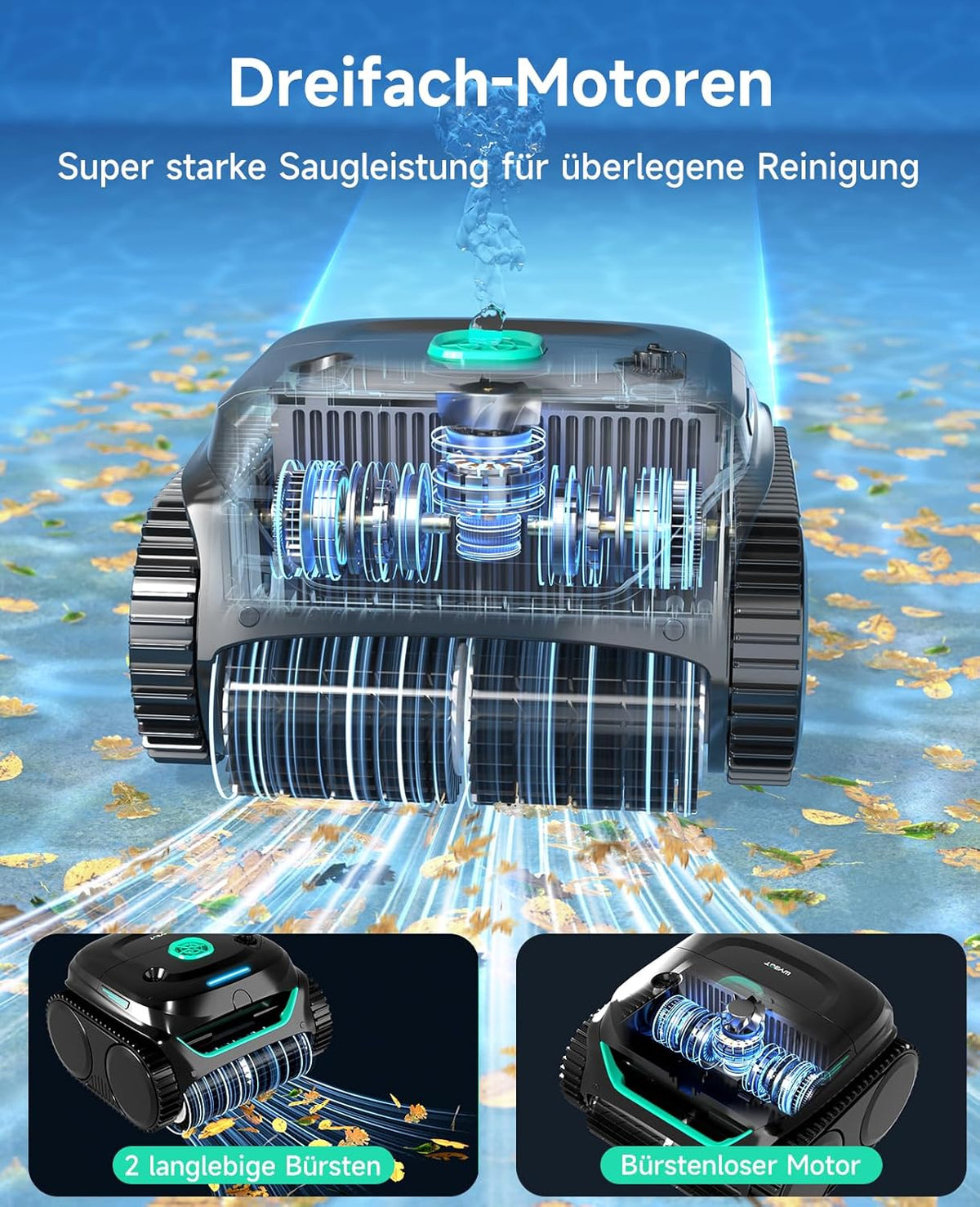 WYBOT C2 Poolroboter Akku, Boden & Wand, bis 150㎡, Doppelfilter, 3 Motoren, Wandkletter, 183 Min, App, Schwarz-Grün Bf