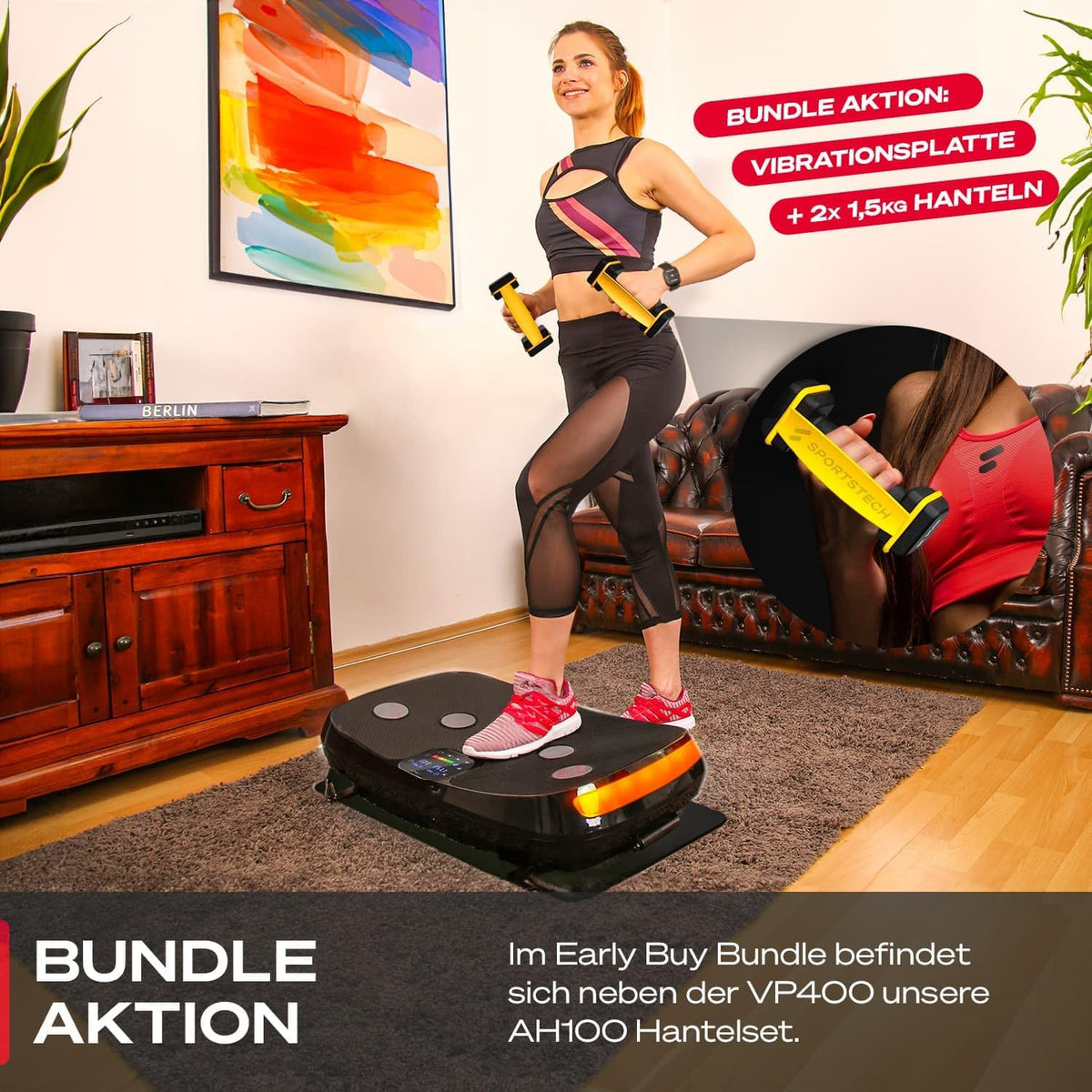 Sportstech VP400: 4D Vibrationsplatte mit Smart‑LED und Trainingsbändernl