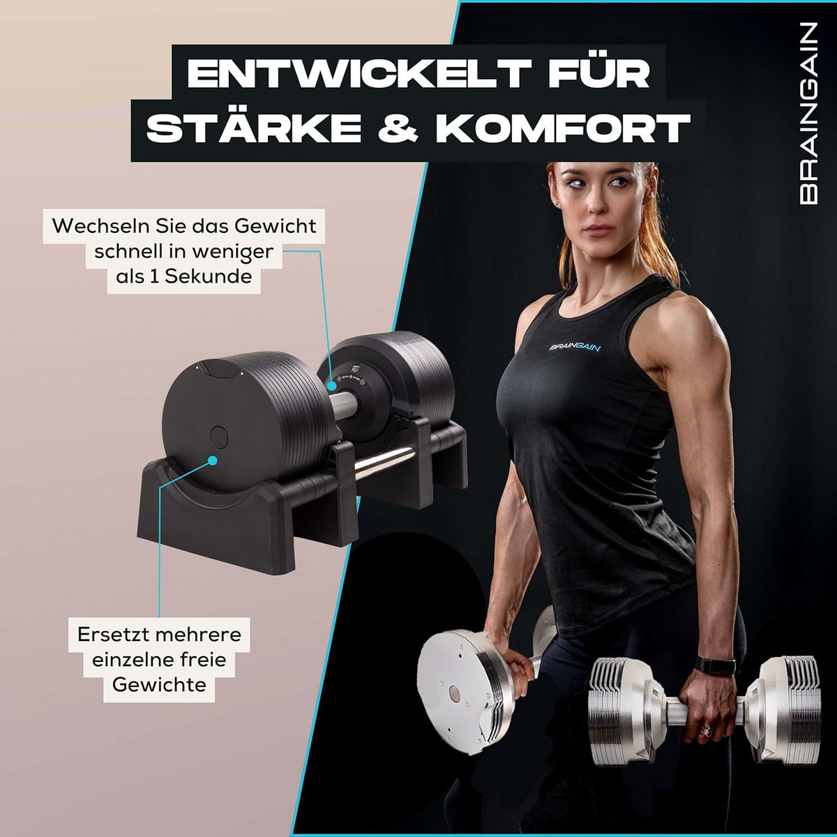 BRAINGAIN Verstellbare Hanteln: Chrom/Schwarz, Krafttraining für Zuhausel