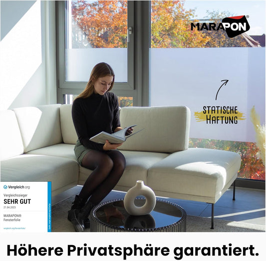 MARAPON® Matt Blickdichte Fensterfolie – Selbsthaftend für Privatsphäre, UV-Schutz, Milchglas-Effektd
