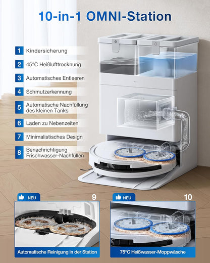 ECOVACS DEEBOT T50 Omni Gen2 Saugroboter: 21.000 Pa, Wischfunktion, ZeroTangle, All-in-One Station, Weißd