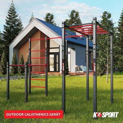 K-Sport Calisthenics Turnstange: Wetterfeste Garten-Kraftstation mit Hangelleiterl